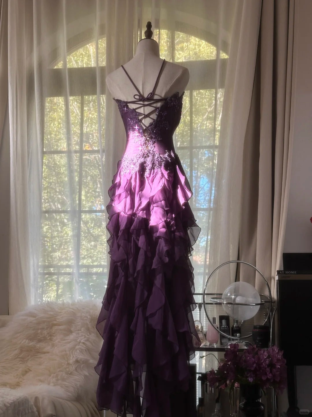 Retro Strapless Grape Purple Fungus Curled Skirt Chiffon Long Prom Dresses