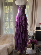 Retro Strapless Grape Purple Fungus Curled Skirt Chiffon Long Prom Dresses