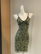 Retro Suspenders Green Floral Mesh Slim Fit 17Th Birthday Homecoming Dress