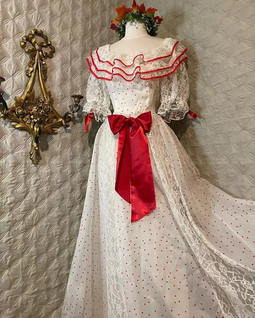 Retro White And Red Color-Blocked Ruffled Collar Polka Dot Bow Lace A-Line Long Formal Prom Dress