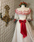 Retro White And Red Color-Blocked Ruffled Collar Polka Dot Bow Lace A-Line Long Formal Prom Dress