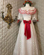 Retro White And Red Color-Blocked Ruffled Collar Polka Dot Bow Lace A-Line Long Formal Prom Dress