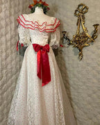 Retro White And Red Color-Blocked Ruffled Collar Polka Dot Bow Lace A-Line Long Formal Prom Dress