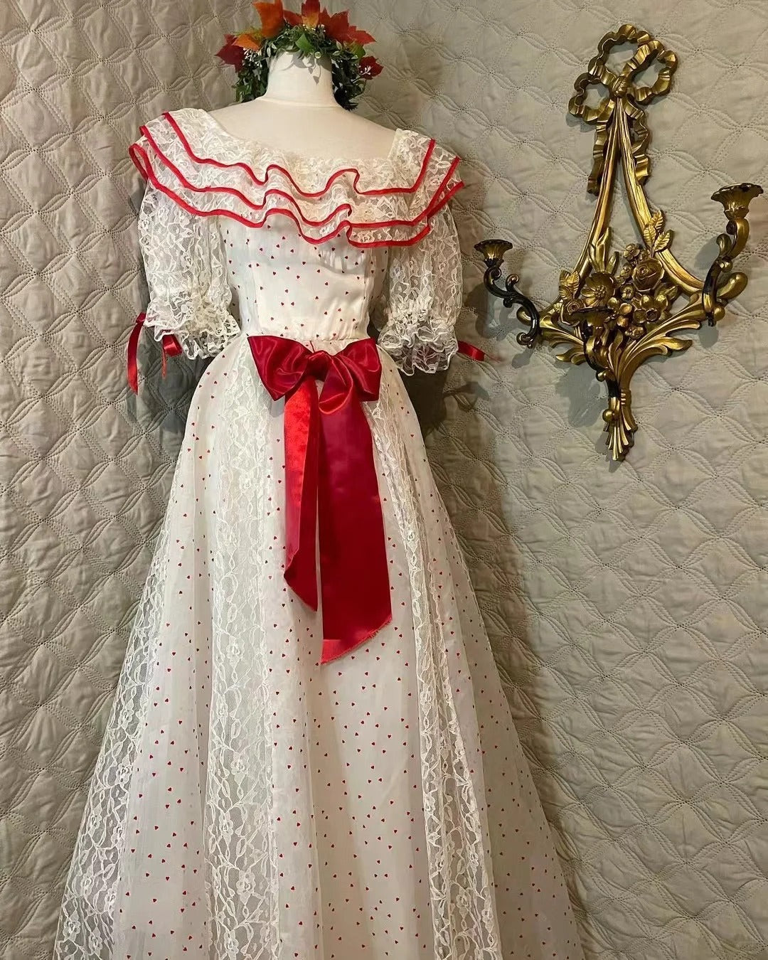 Retro White And Red Color-Blocked Ruffled Collar Polka Dot Bow Lace A-Line Long Formal Prom Dress