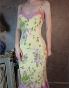 Retro Yellow-Based Purple Floral Mermaid Spaghetti Strap V-Neck Chiffon Formal Prom Dress