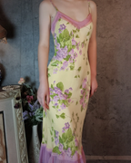 Retro Yellow-Based Purple Floral Mermaid Spaghetti Strap V-Neck Chiffon Formal Prom Dress