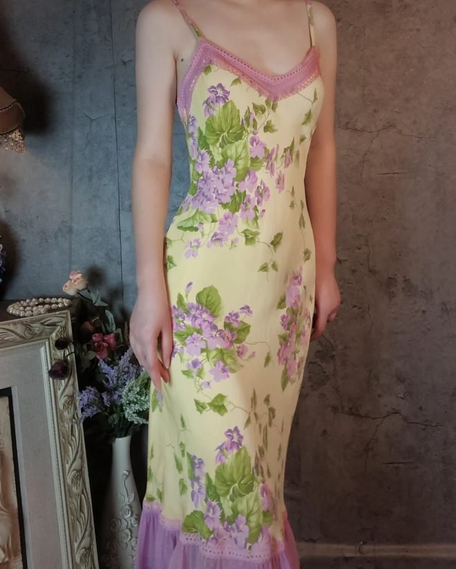 Retro Yellow-Based Purple Floral Mermaid Spaghetti Strap V-Neck Chiffon Formal Prom Dress