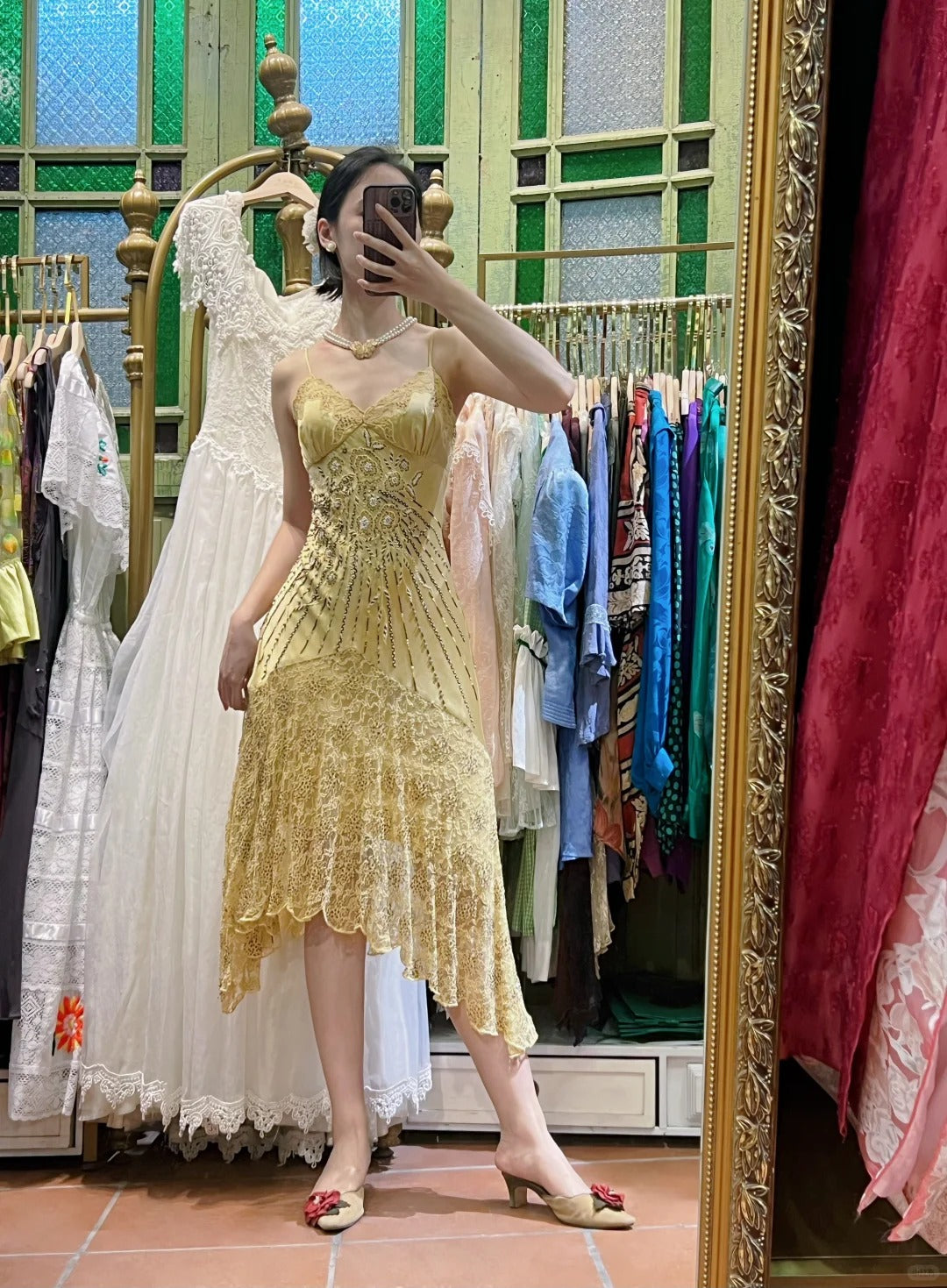 Retro Yellow Irregular Deep V Halter Lace Satin Formal Prom Dress