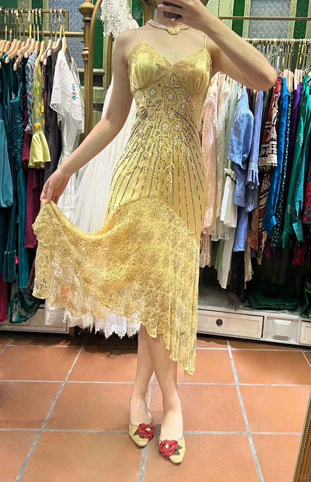 Retro Yellow Irregular Deep V Halter Lace Satin Formal Prom Dress