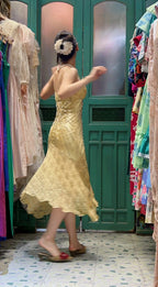 Retro Yellow Irregular Deep V Halter Lace Satin Formal Prom Dress