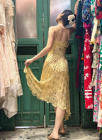 Retro Yellow Irregular Deep V Halter Lace Satin Formal Prom Dress