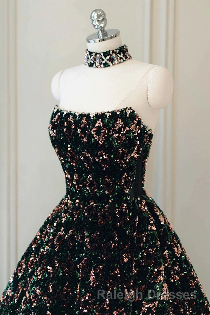 A Line Sparkly Sequin Long Prom Dresses Gorgeous Strapless Long Prom Dresses Secondary image