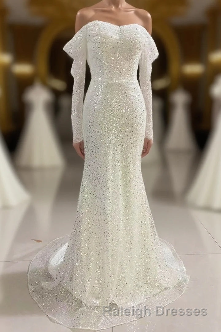 Ivory Mermaid Sequined Prom Dress with Long Sleeves, Sparkly Long Party Dresses Main image