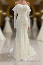 Ivory Mermaid Sequined Prom Dress with Long Sleeves, Sparkly Long Party Dresses