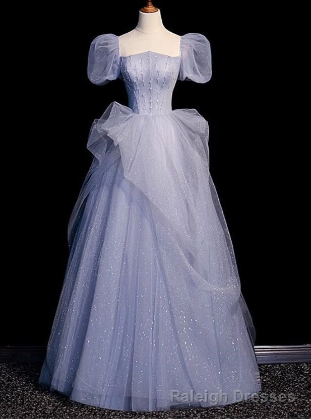 Romance Blue Tulle Sequins Puff Sleeve Beading Prom Dress Main image