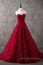 Romantic Burgundy Lace Embroidery Sweetheart Wedding Dress Princess
