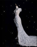 Romantic High Low One Shoulder Lace White Long Wedding Dresses