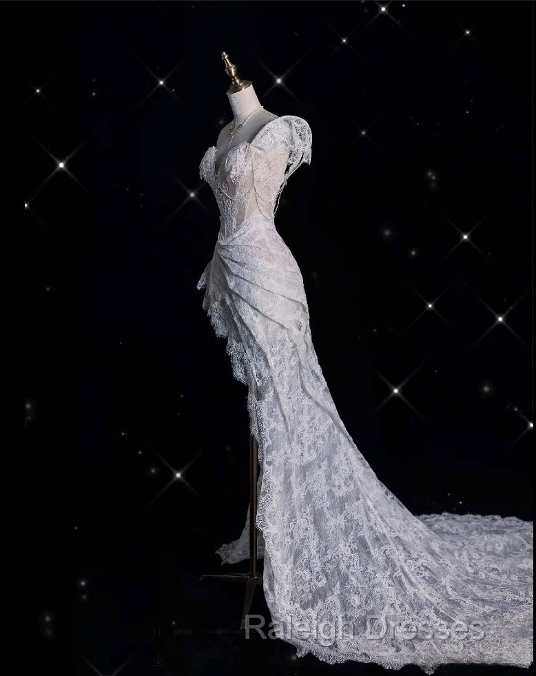 Romantic High Low One Shoulder Lace White Long Wedding Dresses