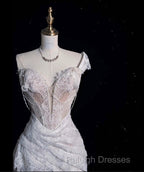 Romantic High Low One Shoulder Lace White Long Wedding Dresses