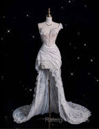 Romantic High Low One Shoulder Lace White Long Wedding Dresses