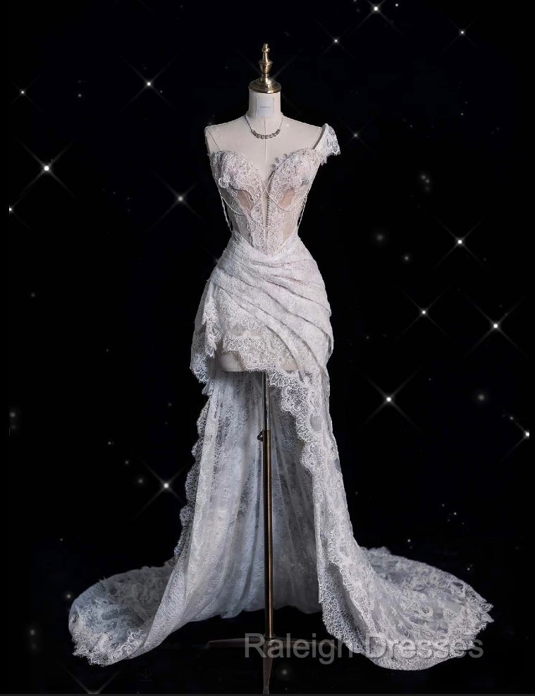 Romantic High Low One Shoulder Lace White Long Wedding Dresses