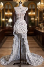 Romantic High Low One Shoulder Lace White Long Wedding Dresses