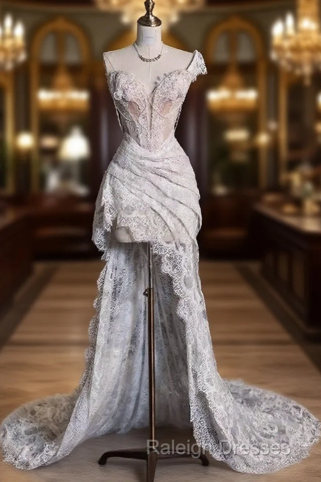 Romantic High Low One Shoulder Lace White Long Wedding Dress Main image