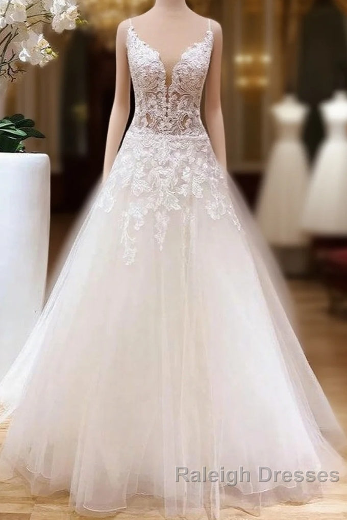 Romantic Long A-line Spaghetti Straps Appliques Lace Tulle Wedding Dress