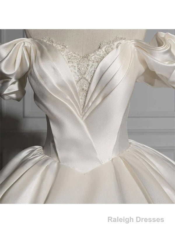 Romantic Off Shoulder Ball Gown Satin Wedding Dress,