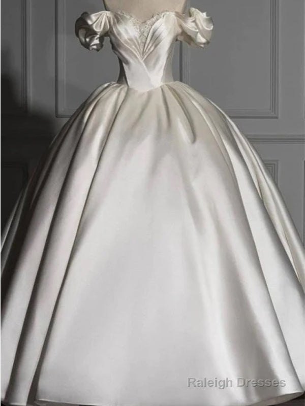 Romantic Off Shoulder Ball Gown Satin Wedding Dress,