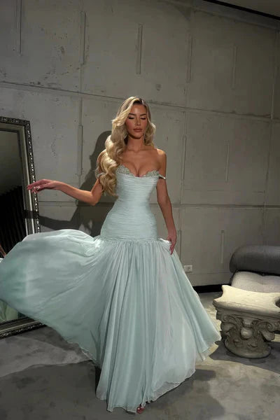 Romantic Off-The-Shoulder Chiffon Sleeveless Prom Dresses Beads Pleats With Zipper