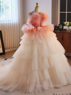 Romantic Pink Tulle Ball Gown Ombre Tiers Prom Dress