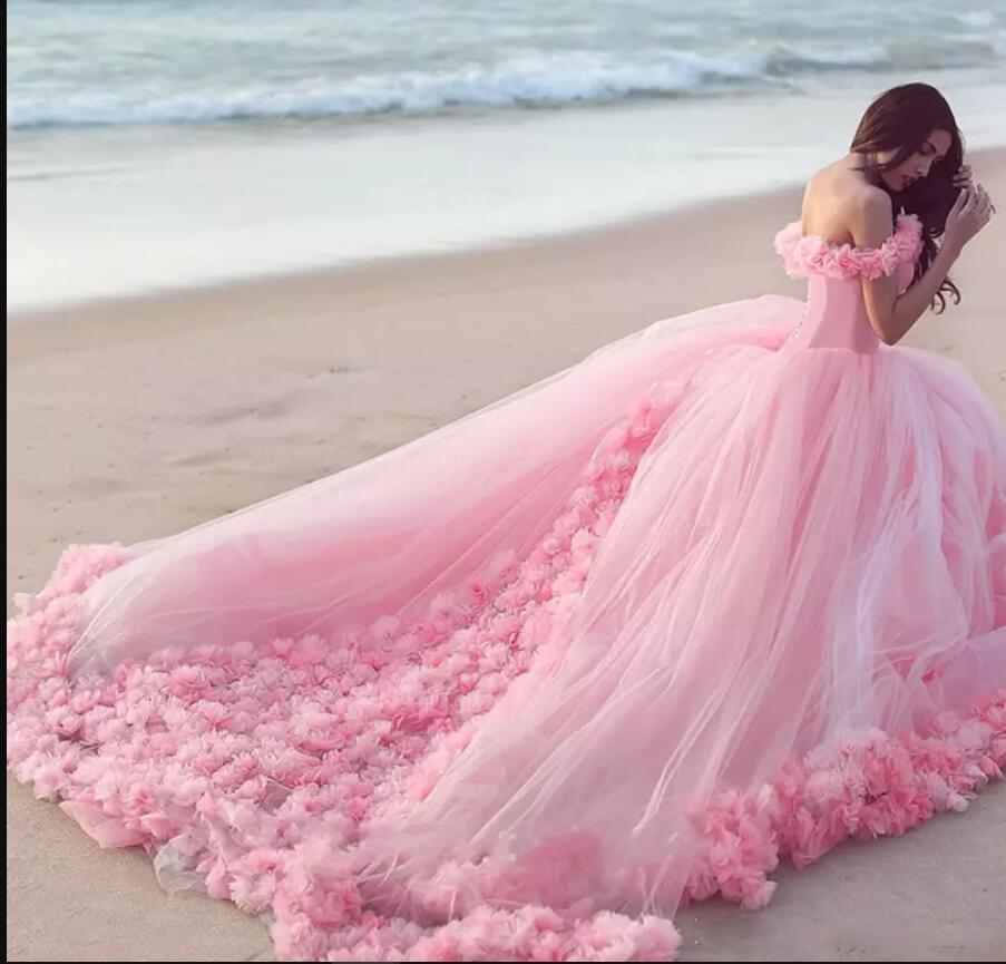Romantic Poofy Pink Floral Wedding Dress Off The Shoulder Ball Gowns Quinceanera Dresses