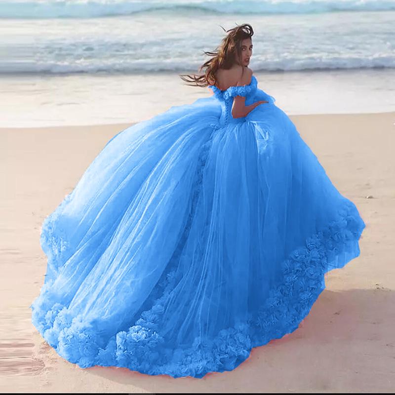 Romantic Poofy Pink Floral Wedding Dress Off The Shoulder Ball Gowns Quinceanera Dresses