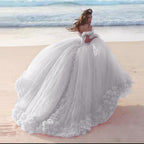 Romantic Poofy Pink Floral Wedding Dress Off The Shoulder Ball Gowns Quinceanera Dresses