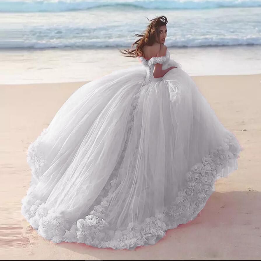 Romantic Poofy Pink Floral Wedding Dress Off The Shoulder Ball Gowns Quinceanera Dresses