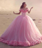 Romantic Poofy Pink Floral Wedding Dress Off The Shoulder Ball Gowns Quinceanera Dresses