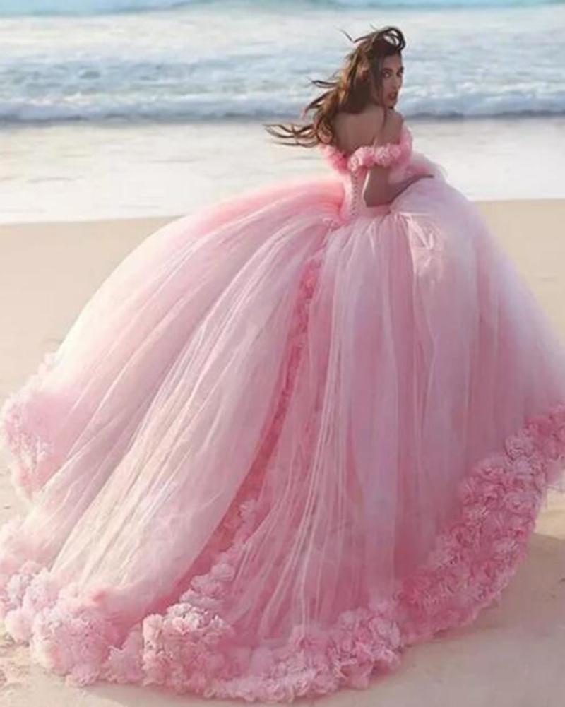 Romantic Poofy Pink Floral Wedding Dress Off The Shoulder Ball Gowns Quinceanera Dresses