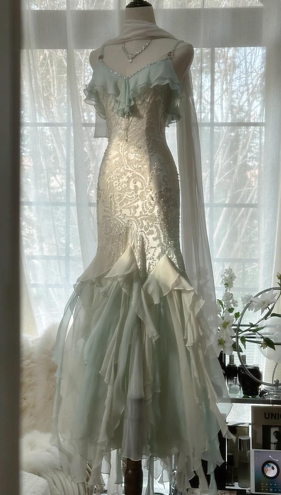 Romantic Vintage Mint Green Chiffon Mermaid Beaded Prom Dress Long Ruffled Fairytale Birthday Dress Secondary image