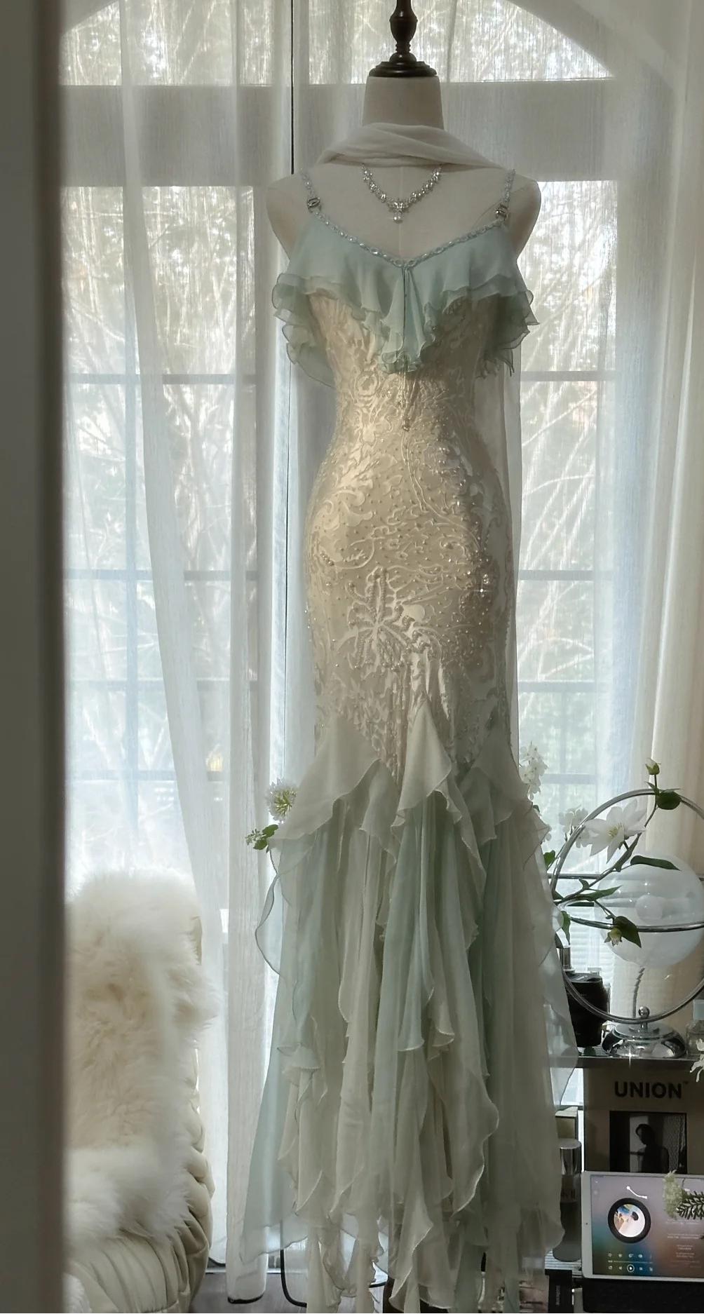 Romantic Vintage Mint Green Chiffon Mermaid Beaded Prom Dress Long Ruffled Fairytale Birthday Dress Main image
