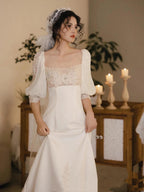 Romantic Wedding Gowns Bridal Dresses A-Line Square Neck Satin Wedding Dresses Ivory Wedding Dress Modest Wedding Gown