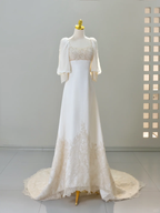 Romantic Wedding Gowns Bridal Dresses A-Line Square Neck Satin Wedding Dresses Ivory Wedding Dress Modest Wedding Gown