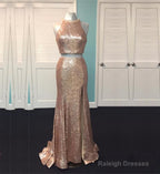 Rose Gold Sequin Two Piece Prom Dresses Mermaid Evening Gowns