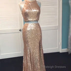 Rose Gold Sequin Two Piece Prom Dresses Mermaid Evening Gowns
