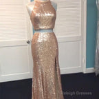 Rose Gold Sequin Two Piece Prom Dress Mermaid Prom Gown