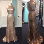 Rose Gold Sequin Two Piece Prom Dresses Mermaid Evening Gowns
