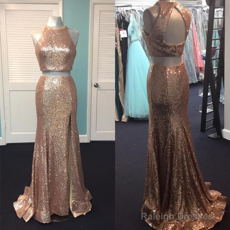Rose Gold Sequin Two Piece Prom Dress Mermaid Prom Gown