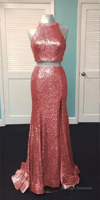 Rose Gold Sequin Two Piece Prom Dress Mermaid Prom Gown