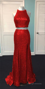 Rose Gold Sequin Two Piece Prom Dress Mermaid Prom Gown