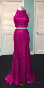 Rose Gold Sequin Two Piece Prom Dress Mermaid Prom Gown